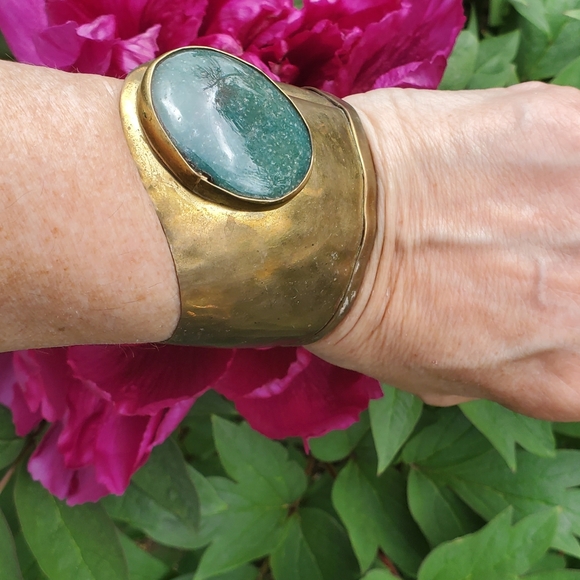 Vintage Jewelry - Vintage brass and jade cuff